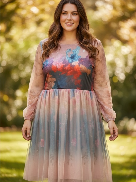 Xpluswear Dresses & Skirts - Sheer Overlay Dress in Blush Multi